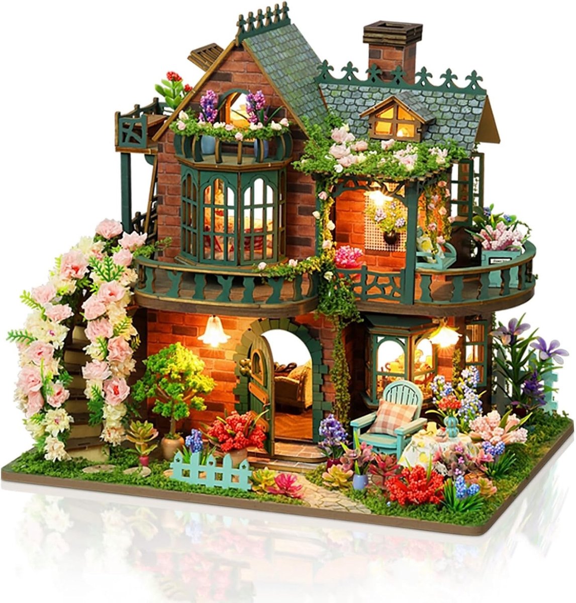 DIY Houten Poppenhuis Kit met LED Verlichting, Uniek Handgemaakt Miniatuurmodel voor Creatieve Klussers, Perfect voor Verjaardagen en Kerstmis