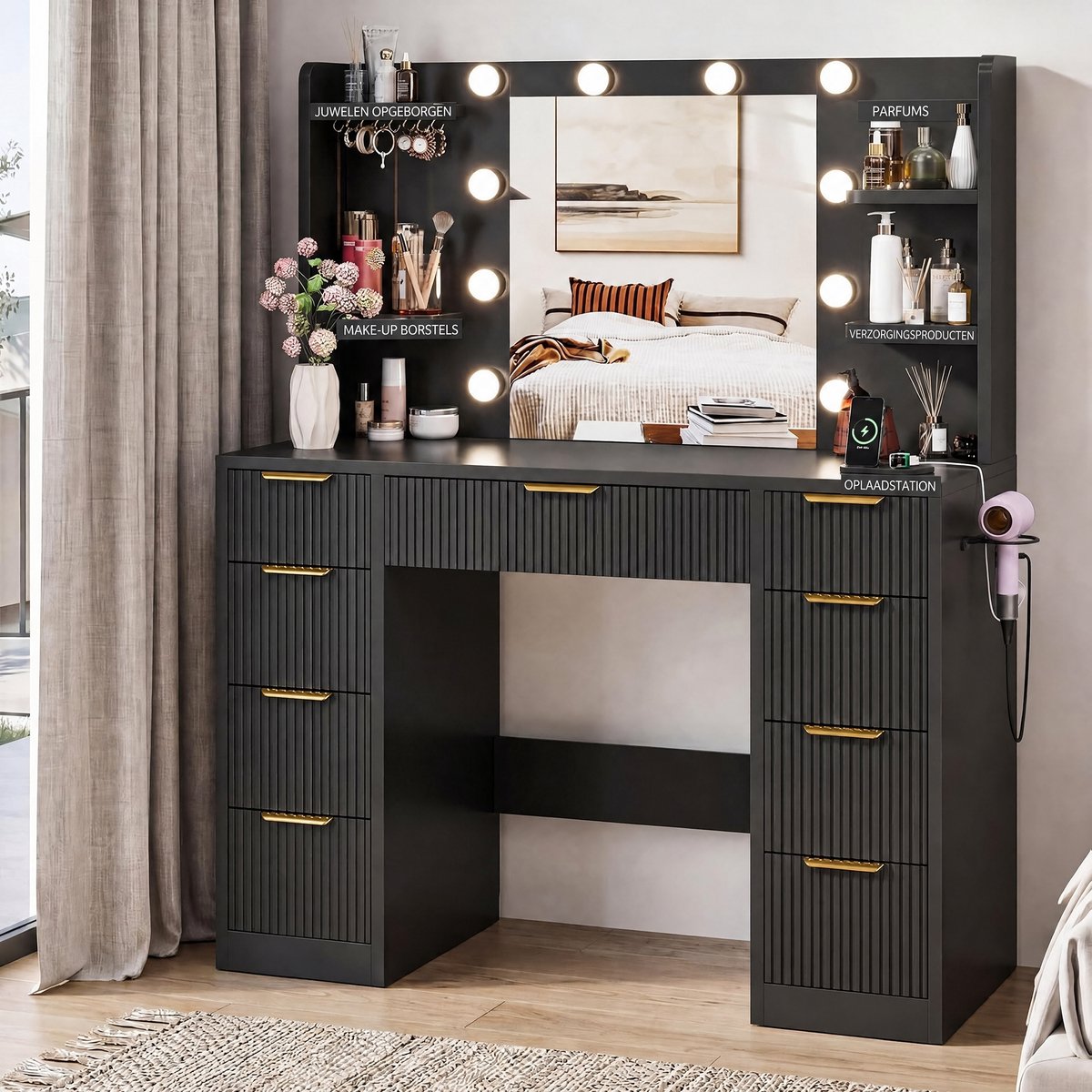 Devoko Kaptafel 108 x 40 x 146 cm - Föhnhouder en Golvende Ladefronten - 2 EU-Stopcontacten, USB, USB-C, LED Spiegelkast, 9 Laden - Zwart