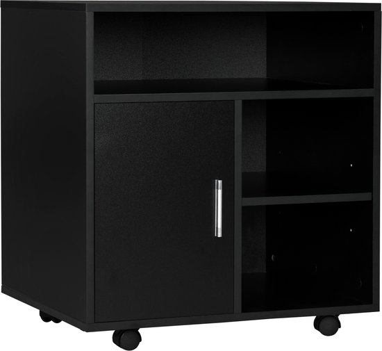 Zwarte archiefkast met deur en 5 open vakken, op wieltjes. Afmetingen: 60L x 50W x 65.5H cm.