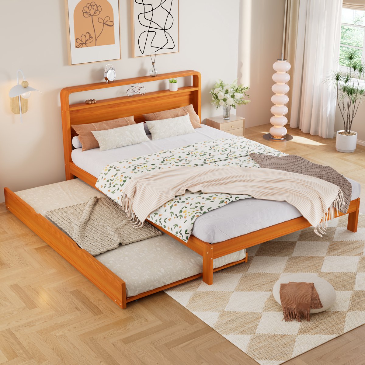 VVBV Tweepersoonsbed 140x200 cm - Uitschuifbed, Afgerond Hoofdbord, 2-in-1 - Naturel