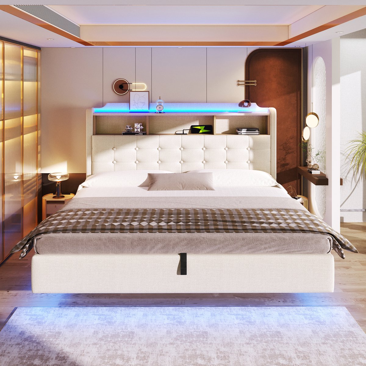 VVBV Tweepersoonsbed 180x200 cm - Hydraulische Opbergruimte, Opberghoofdbord, LED-Verlichting, USB-C, Zwevend Design - Beige
