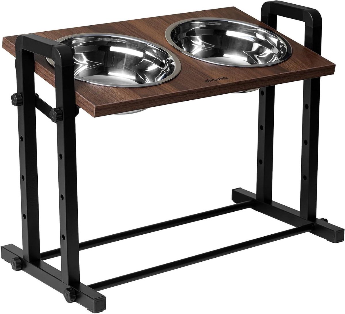 Hondenbak met Standaard - Verhoogde Voerbak - Comfortabel Eten - Verstelbare Hoogte - 2x 1200 ml - Zwart Walnoot