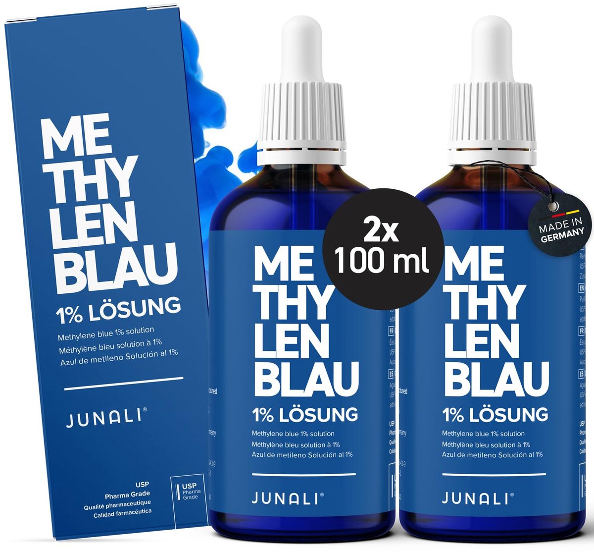 Methyleenblauwe oplossing 1% USP Farmaceutische kwaliteit, 2x 100 ml oplossing, zonder zware metalen, in het - ShopVlot