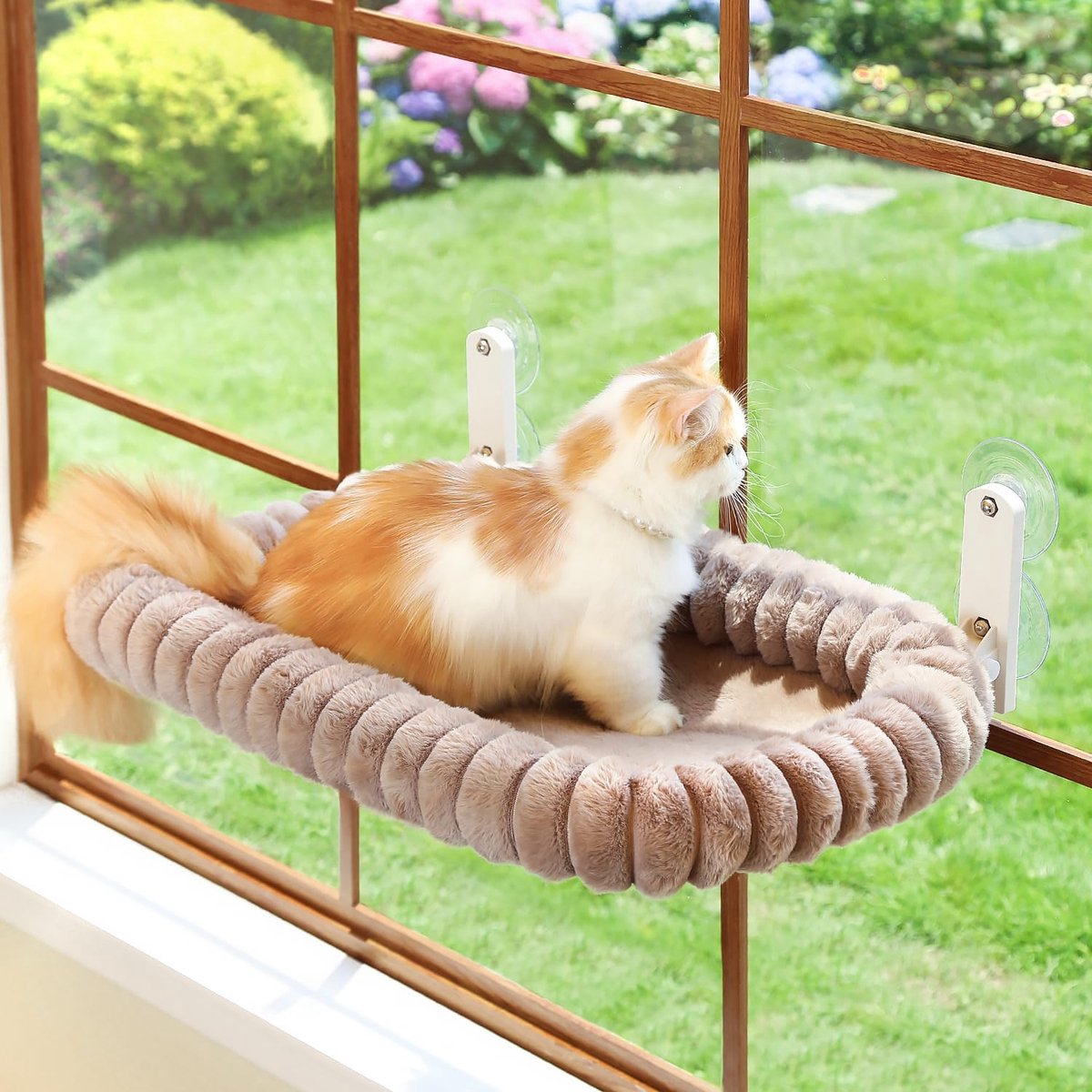 Opvouwbare kattenvensterbank - Gordijnvriendelijk hangmatbed, draadloos, ultrazacht, machinewasbaar bed, metalen frame, draagvermogen tot 18 kg, 52 cm breed x 30 cm diep(crème grijs)