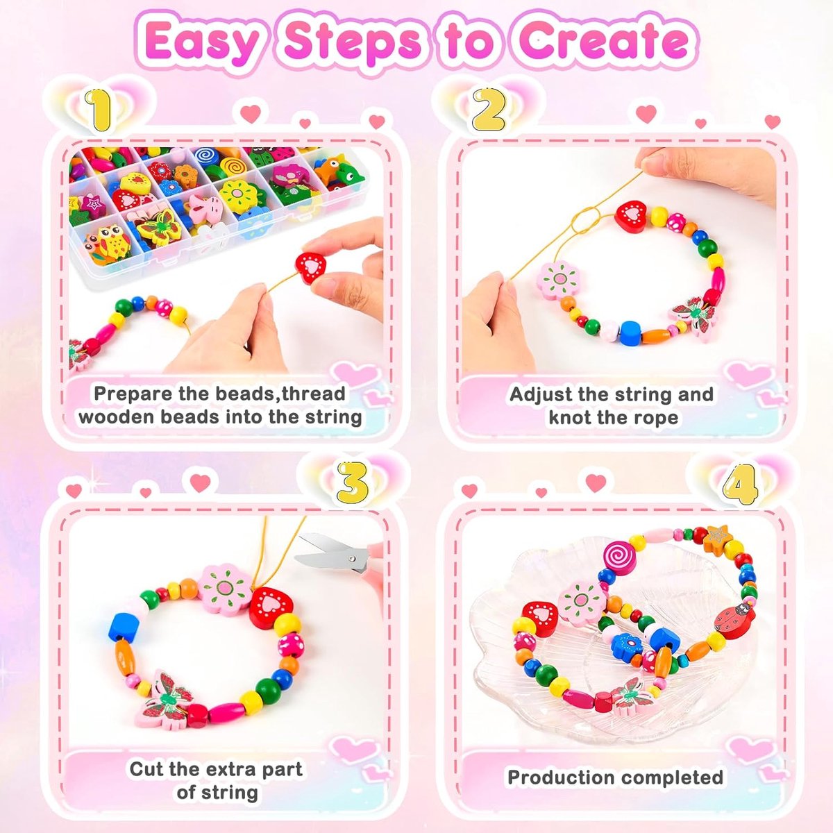Sieradenset voor Meisjes met Houten Kralen - Met Sieradendoosje - DIY Sieraden Maken voor Kinderen - Knutselset voor Armband & Ketting - Complete Bedelarmband Kit - Doe-het-zelf Kindersieraden - Voo 4-10 Jaar - Creatief Speelgoed — cadeau in Spellen & Speelgoed - foto 4