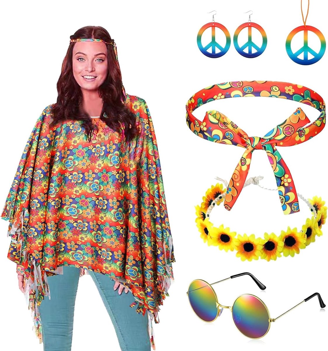 Vrouwelijk Hippie Kostuum met Poncho, Sieraden en Accessoires voor Carnaval en Feestjes uit de Jaren '60 en '70