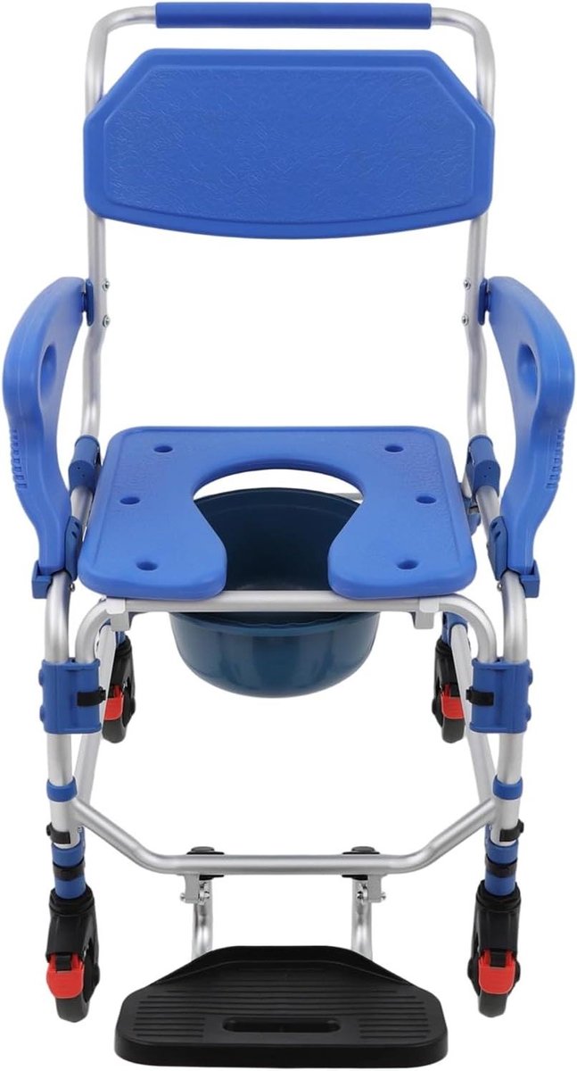 Douche toiletstoel - Hulpmiddel badkamer - Ondersteuning mobiliteit - Inklapbare armleuningen - 125 kg capaciteit - Blauw wit