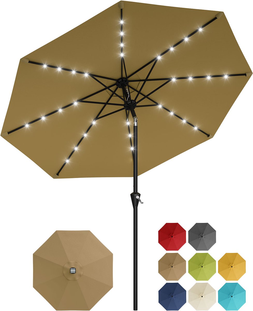 Parasol met Solar LED-Verlichting - 270x270x236cm - Tuinparasol Zonder Voet - Grote Tafelparasol - Kantelbaar met Drukknop - 8 Stevige Ribben - Voor Tuin Terras Zwembad - Kaki