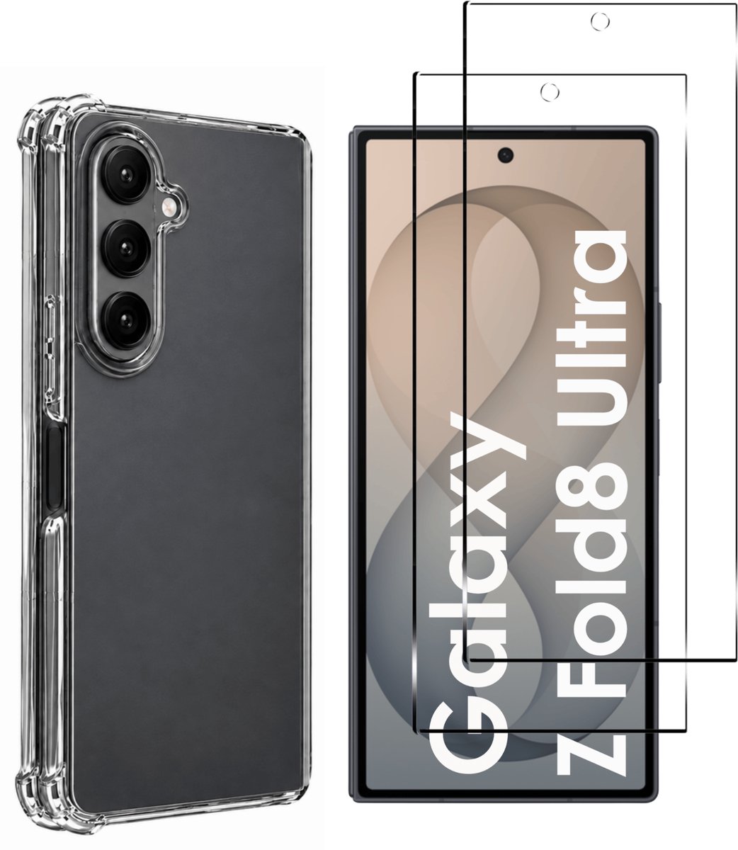 Hoesje geschikt voor Samsung Galaxy Z Fold 8 Ultra backcover Shockproof siliconen Transparant en 2 stuks Screenprotector Gehard Glas