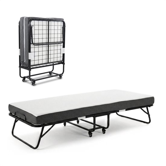 Bodo opvouwbaar bed, met gesloten en volledig uitgeklapte weergave. Het bed heeft een zwart metalen frame en een matras met donkergrijze zijkanten.