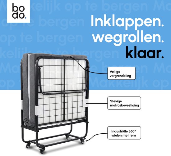 Gedetailleerde weergave van het Bodo opvouwbare bed in gesloten positie op wieltjes. Kenmerken: veilige vergrendeling, stevige matrasbevestiging, industriële wielen met rem.