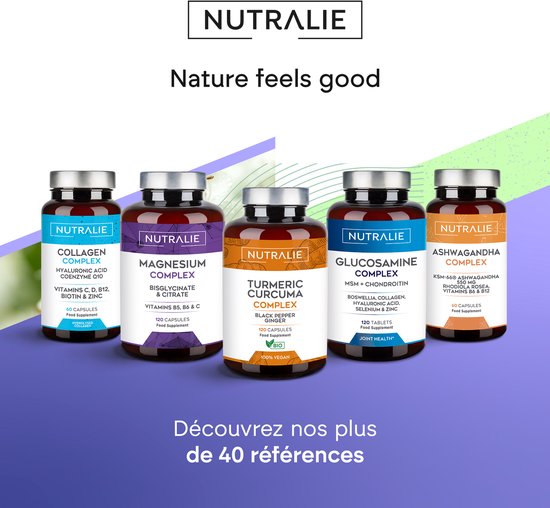 Vijf flessen Nutralie supplementen: Collagen Complex, Magnesium Complex, Turmeric Curcuma Complex, Glucosamine Complex, Ashwagandha Complex.