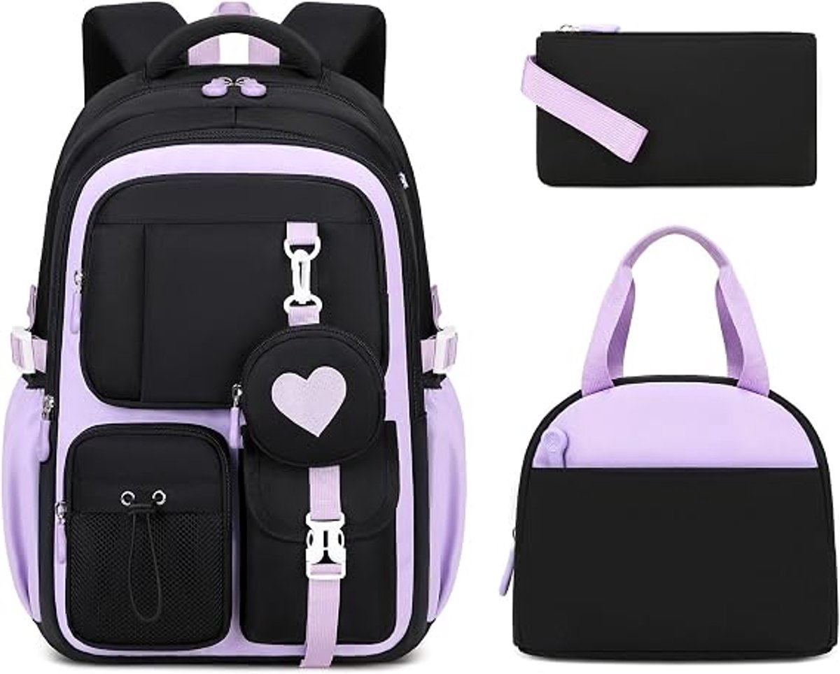 Rugzak kind - 3 delige set - Rugzak voor meisjes - Ruime unisex rugzak - Lichtgewicht rugzak - Inclusief etui en lunchtas - Oxfordstof - 30*18*45 cm - Paars
