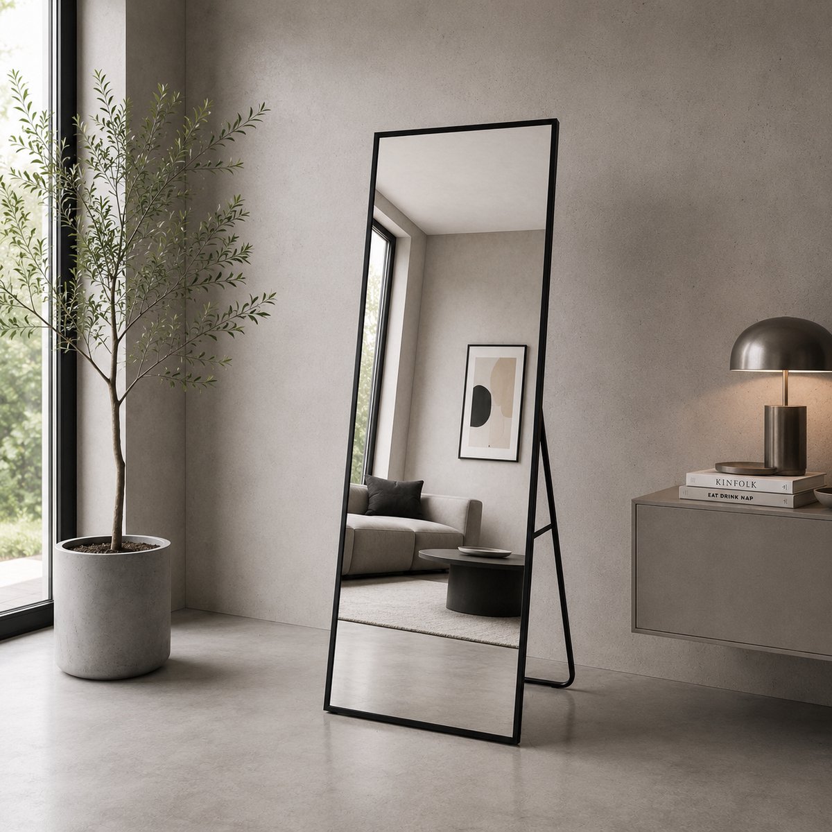 Lumoire Passpiegel Zwart 160x60 cm – Staande Spiegel met Standaard – Wandspiegel – Rechthoekig