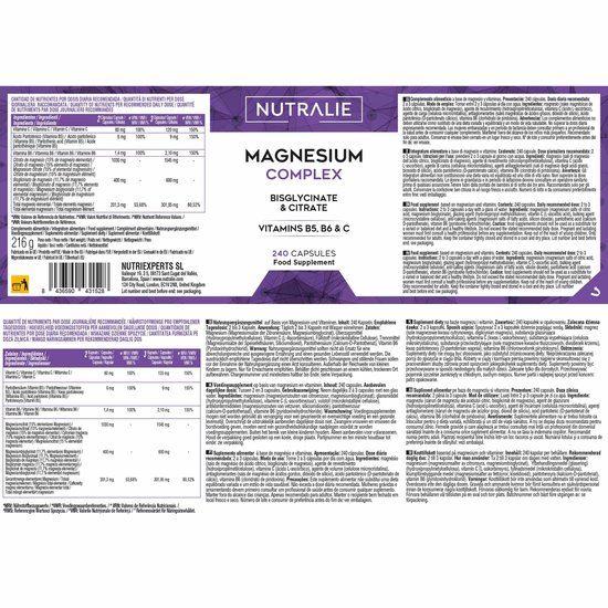 Verpakking van Nutralie Magnesium Complex met 240 capsules. Bevat ingrediënten zoals magnesiumbisglycinaat, citraat, vitamine C, B6 en B5.