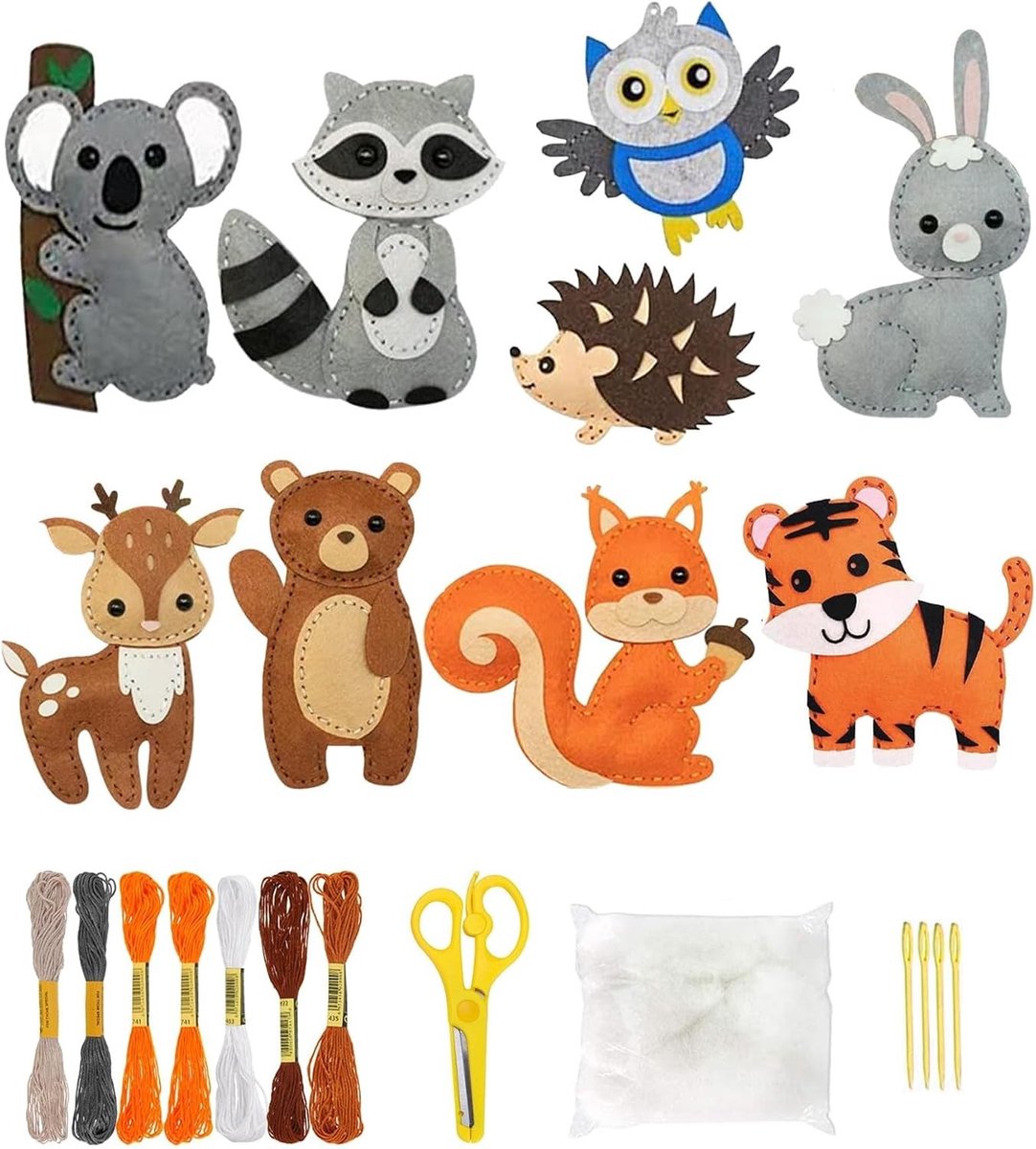 Naaiset voor kinderen - 10 stuks, doe-het-zelf naaiplezier, creatieve dieren, vilten, bevorder hand-oogcoördinatie en creativiteit bij kinderen vanaf 6 jaar