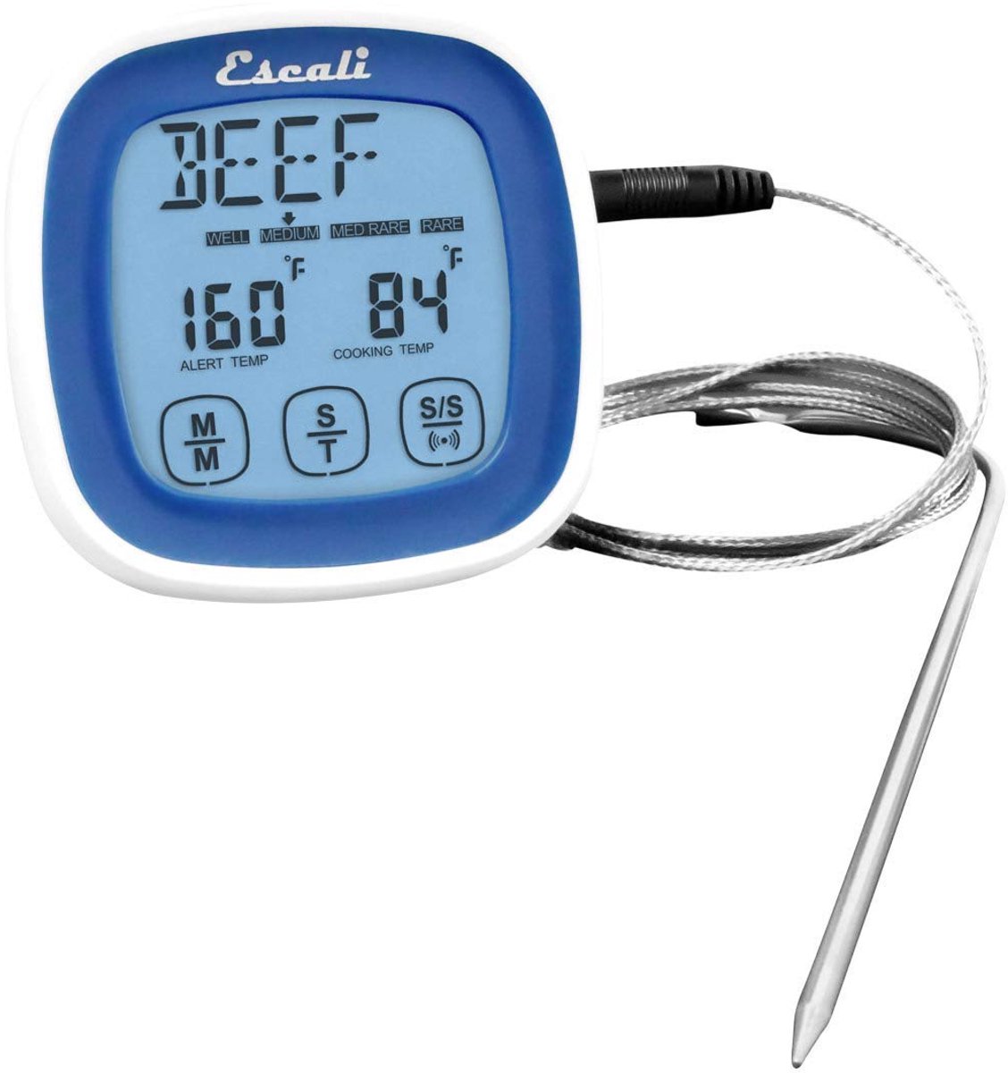 Escali Touch Screen LCD Display Digital Timer Oven Safe Stainless Steel Probe with Temperature Alert, Blue - ShopVlot