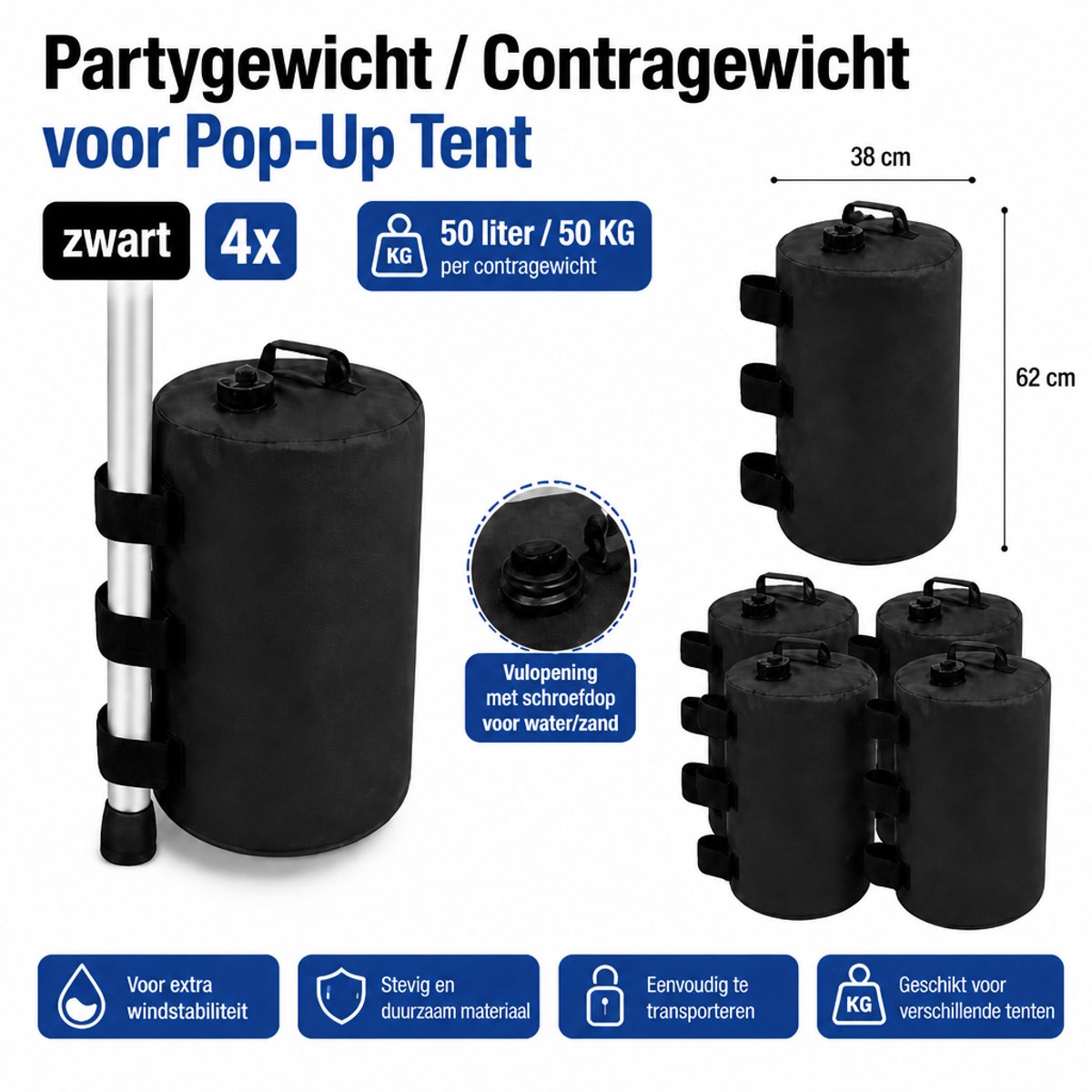 50L-50KG Partytent Pop-up Tent Paviljoen Contra Gewichten Watergevuld 50 Liter / 50 KG Contragewicht – Set van 4 – Zwart
