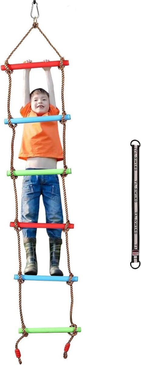 Touwladder voor Kinderen 2 m - Klimconstructie met Zes Plastic Treden, Geschikt voor Speelsets en Tuinhuisjes tot 150 kg, Ideaal voor Buitenactiviteiten en Avontuurlijke Spellen