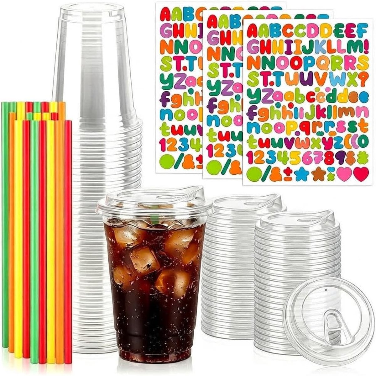 Smoothiebeker met Deksel - Transparant - 500 ml - Herbruikbare Beker met Rietjes en Stickers - Voor Milkshake en Ijskoffie