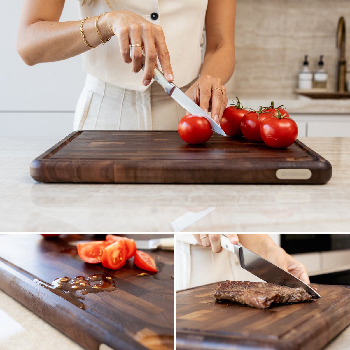 Deleca Walnoot Kopshouten Snijplank met Sapgeul - Hakblok Hout Voor Keuken - Anti-slip / Handgrepen – Signature Houten Amerikaans Walnoten Kopshout - 43x33x3 cm — cadeau in Kookcadeaus - foto 3