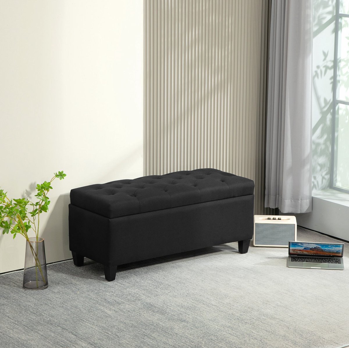 REDOM - Bankje met opbergruimte - Opklapbare zitting - Knopenpatroon - Klassieke stijl - Hal, woonkamer of slaapkamer - Polyester - Zwart - 100 x 40 x 44 cm