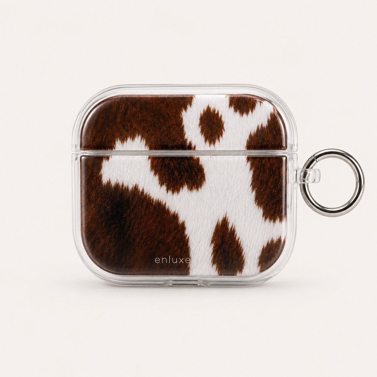 Enluxe AirPods 4 Hoesje Transparant – Bruin Wit Koeienprint met Karabijnhaak