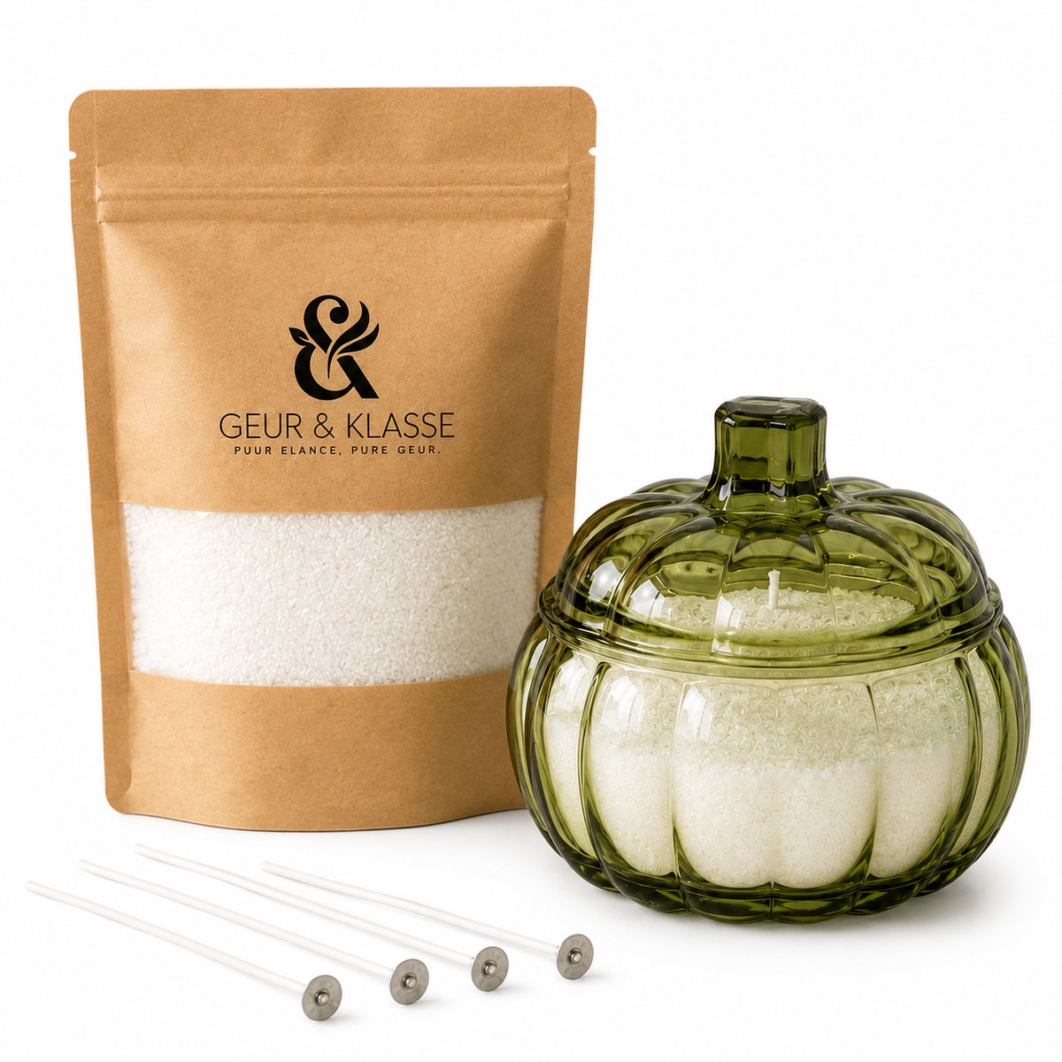 Geur & Klasse Kaarszand Starterset Olive Glow - 250 g - Groene Glazen Houder - Inclusief 5 Lontjes