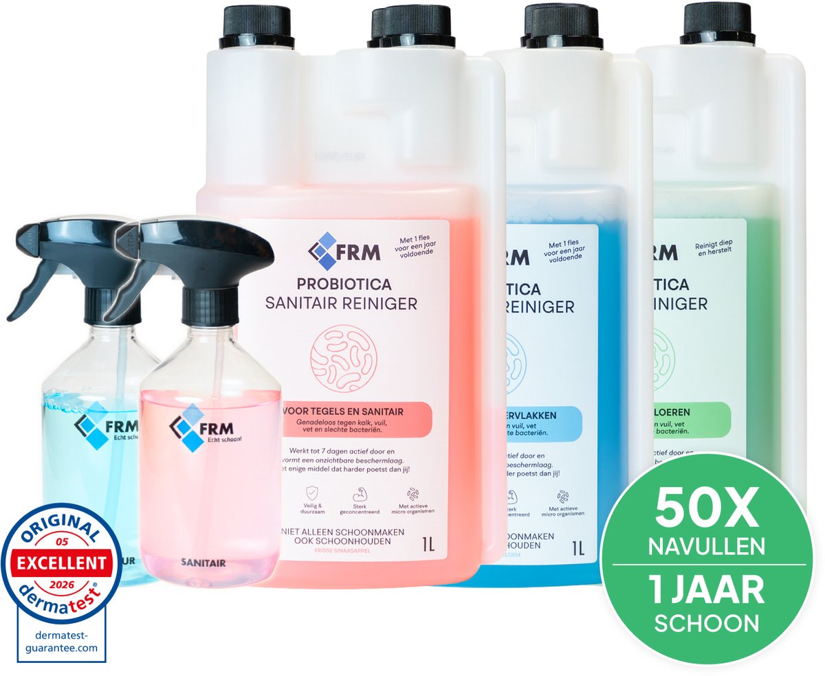 FRM Probiotica Schoonmaakpakket - Sanitair, Interieur & Vloerreiniger - Schoonmaakset Huis - 7 dagen actief - 1 jaar voldoende - Natuurlijk, Veilig & Krachtig