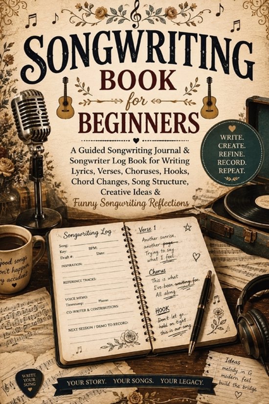Boek 'Songwriting for Beginners' met retro microfoon, platenspeler en noten. Bevat een logboek voor songteksten, akkoorden en ideeën.