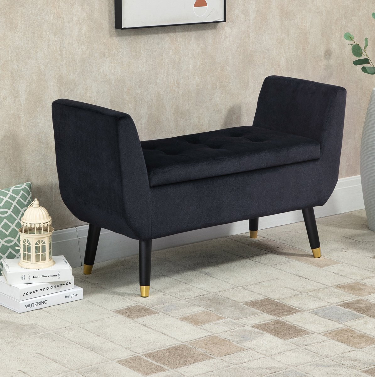 REDOM - Bankje met opbergruimte - Opklapbare zitting met armleuningen - Gecapitonneerd - Retro & Vintage - Woonkamer en hal - Polyester en hout - Zwart - 107 x 42 x 65 cm