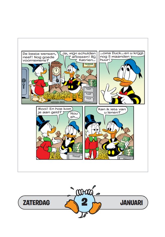 Donald Duck met een grote zak geld in een kamer met een klok.