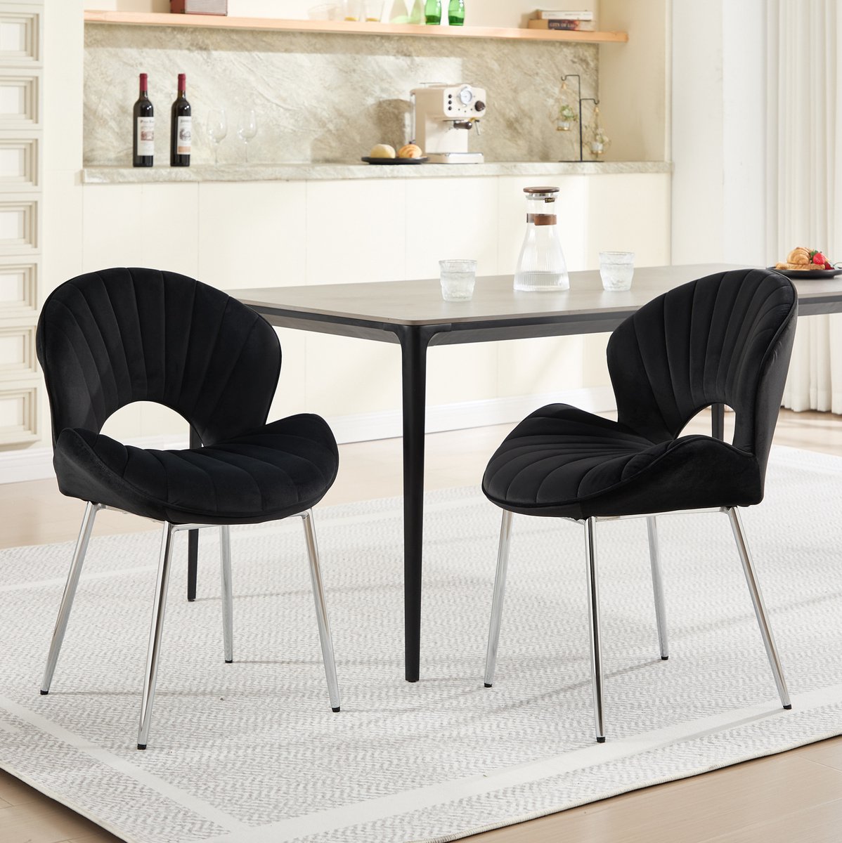 DESMIU Eetkamerstoel Set Van 2 - Velvet Met Open Rugleuning En Zachte Zitting - Voor Eetkamer, Slaapkamer En Kantoor - Metaal - Zwart
