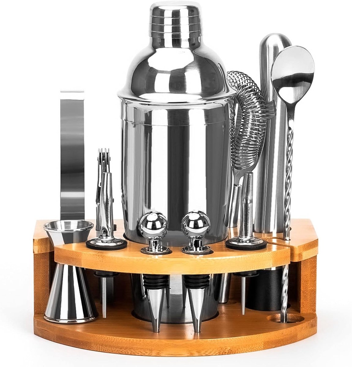 Cocktailshaker Set - Roestvrijstaal - 750 ml - 12-delige barmanset met Houten Stand - Voor Thuis of Bar