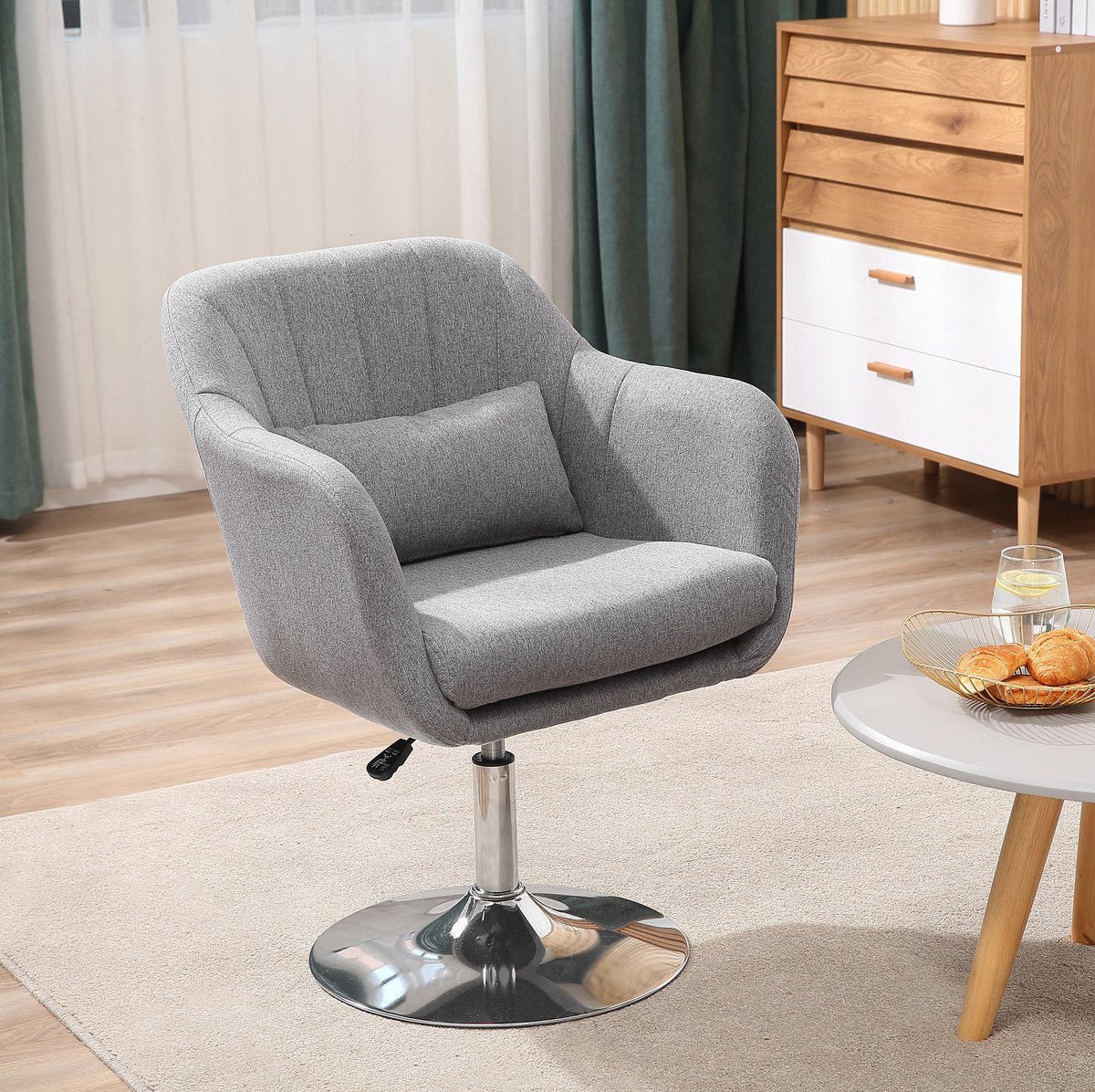 MIVRAY Fauteuil 60 X 60 X 79 Tot 91 Cm - Hoogteverstelbaar En 360 Graden Draaibaar - Voor Woonkamer En Werkplek - Stof - Grijs