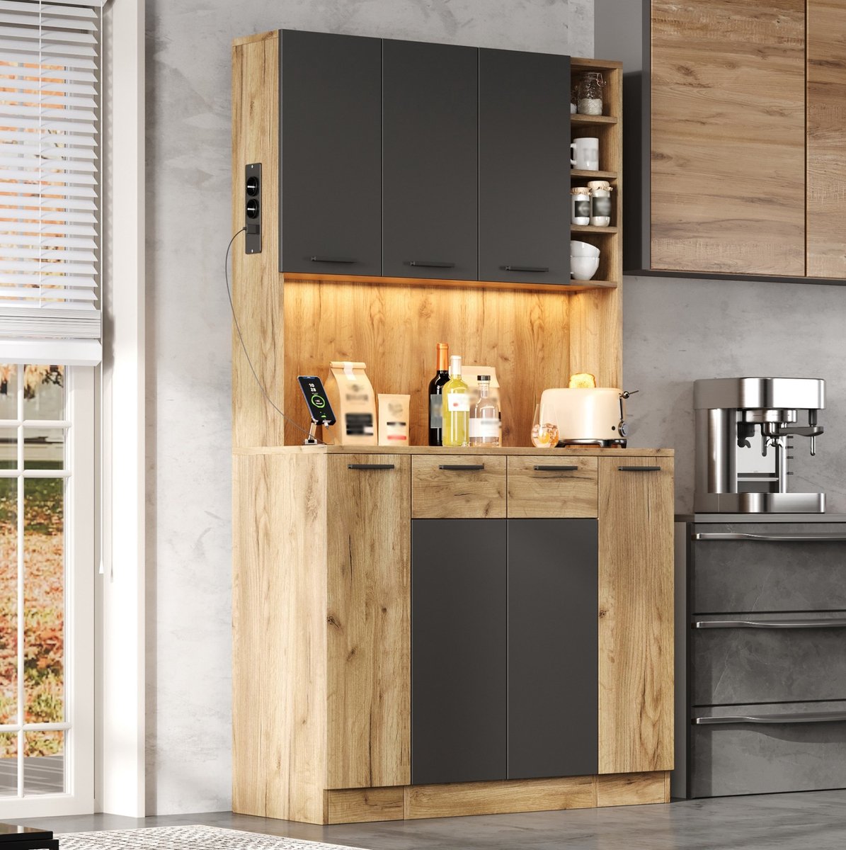 COVREO Keukenkast 100 x 40 x 180 cm zwart naturel, MDF met LED en stopcontact Zwart en naturel