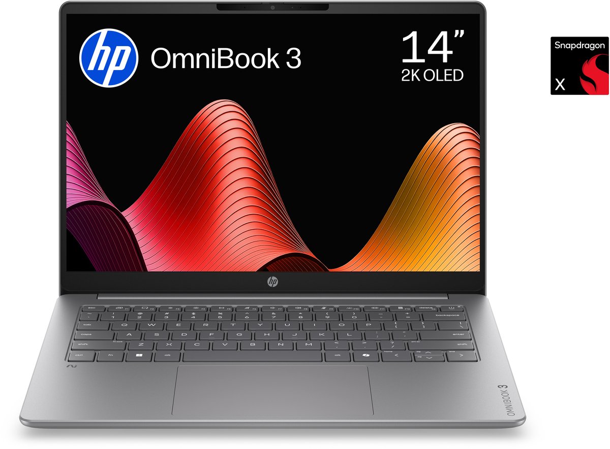 HP OmniBook 3 14-hz0714ndx Copilot+ Laptop - 14 Inch - Snapdragon X - 16GB RAM - 512GB SSD - QWERTY - 2K OLED - Studenten laptop