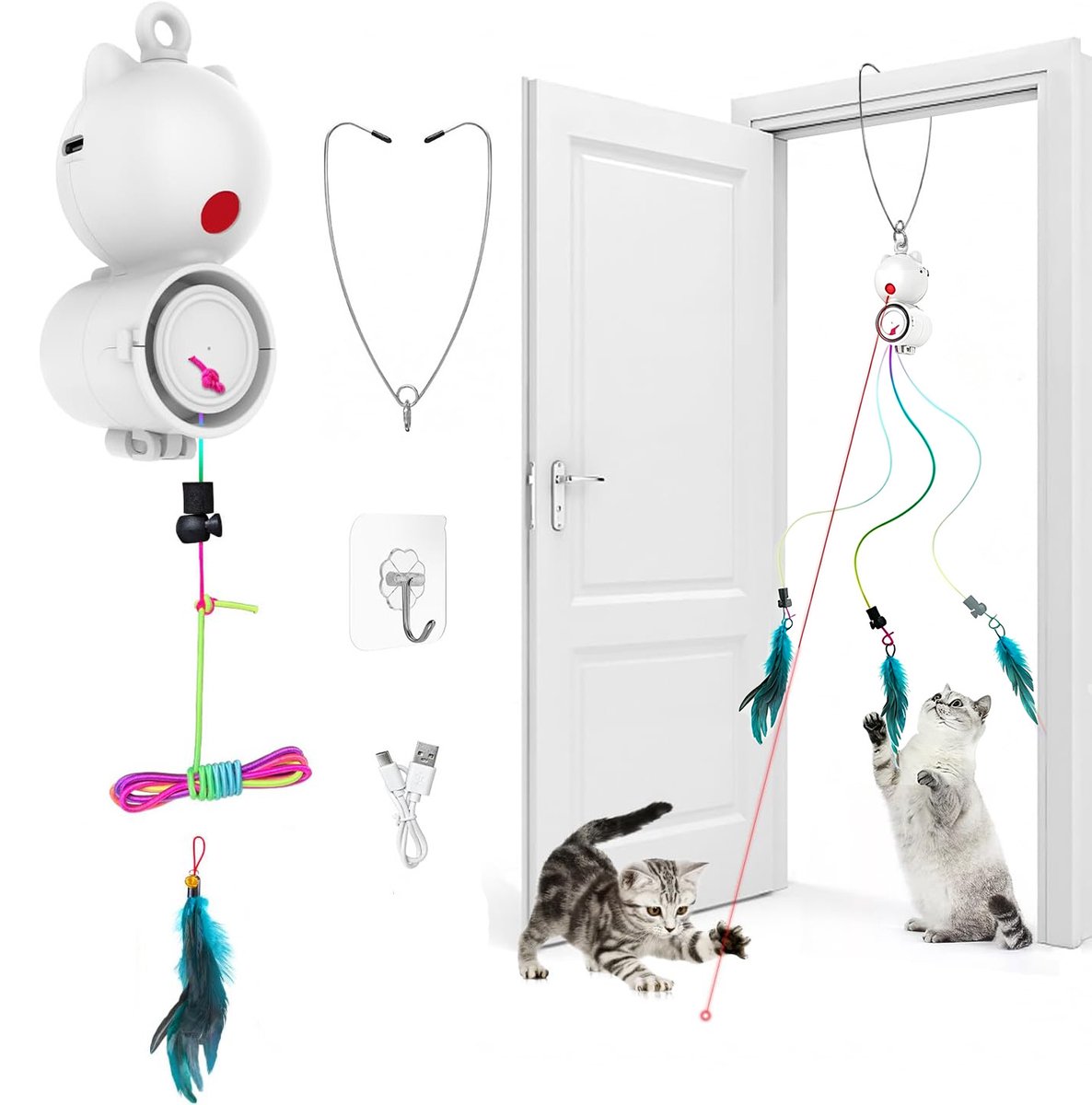 Namajunas - 2 IN 1 Interactief Elektrisch Kattenspeelgoed - Ophangbaar Uitschuifbaar Kattenspeelgoed - Laser Speelgoed - Kattenhengel - Kattenspeelgoed Elektrisch - Laserlampje - USB‑oplaadbaar - Met Haak en Kabel