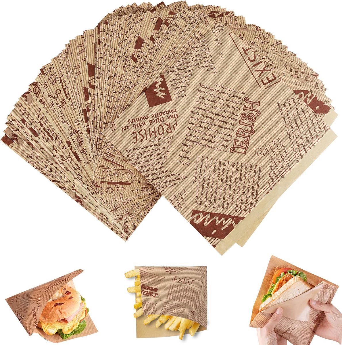 casalora - 150 Stuks - 18 x 18 cm - Hamburger Zakje Papier - Vetvrij Papier - Papieren Zak voor Sandwiches - Bruine Krant - Geschikt voor hamburgers, sandwiches, friet en brood