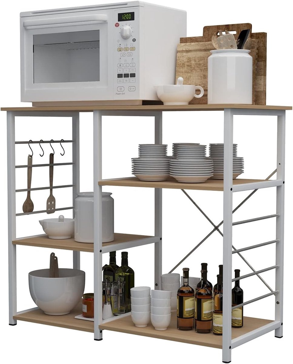 Keukenrek van Staal en Hout met 3 + 3 Planken, Ruimtebesparende Keukentrolley voor Magnetron, 90 x 40 x 83 cm, Ideaal voor Koken en Opslag