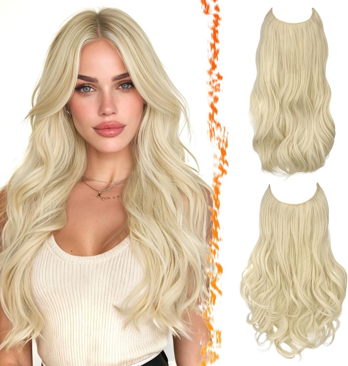 2 Stuks 50cm Lange Blonde Onzichtbare Draad Extensions, Natuurlijke Zachte Golven en Gelaagd Design voor Vrouwen, Perfect voor Krullend Haar en Haarverlenging