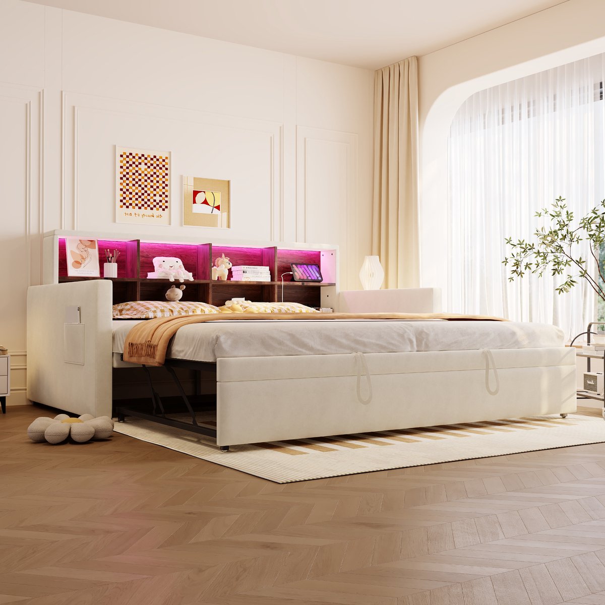 Slaapbank 90x190 cm - Met Opbergruimte - Met LED-verlichting - Met Stopcontact - Beige