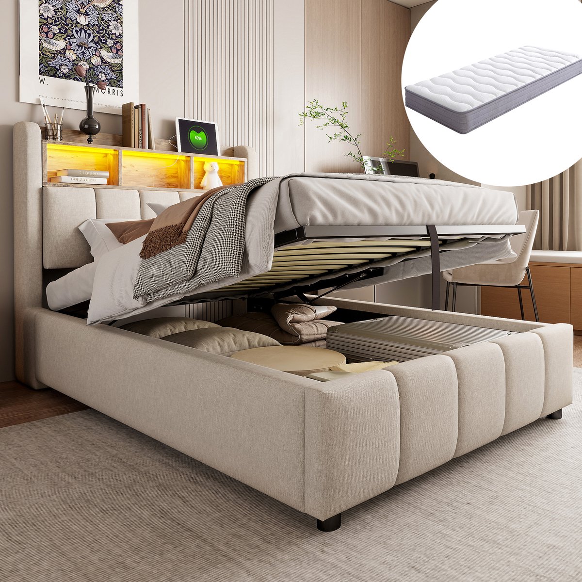 Gepolsterd Kinderbed 90x200 cm - Met Opbergruimte - Met LED-verlichting - Beige