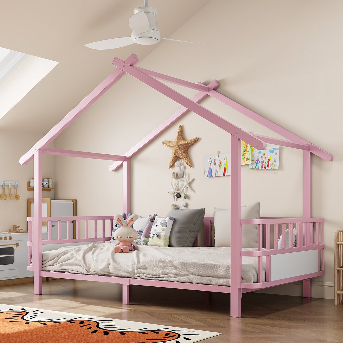 Metalen Kinderbed 90x200 cm - Met Valbeveiliging - Huisvorm - Met Fluweel - Roze