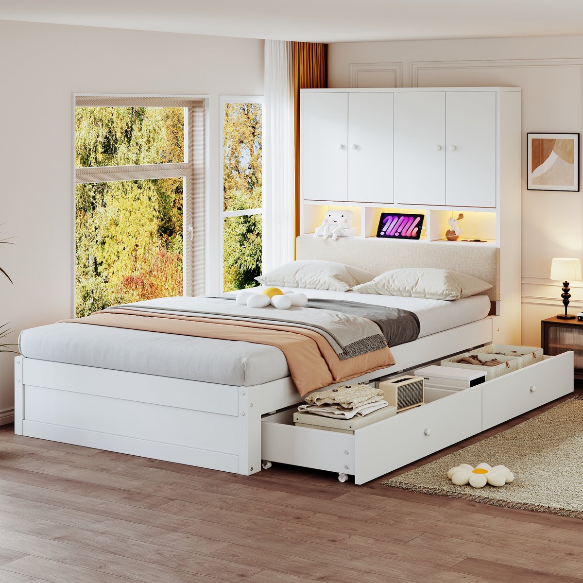 Gepolsterd Bed 90x200 cm - Met Opbergruimte - Met LED-verlichting - Met Stopcontact - Wit