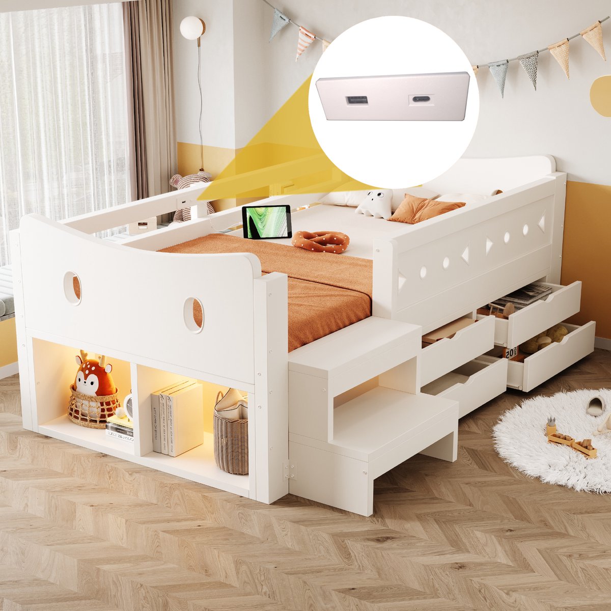 Kinderbed 90x200 cm - Met Valbeveiliging - Met Opbergruimte - Met LED-verlichting - Wit