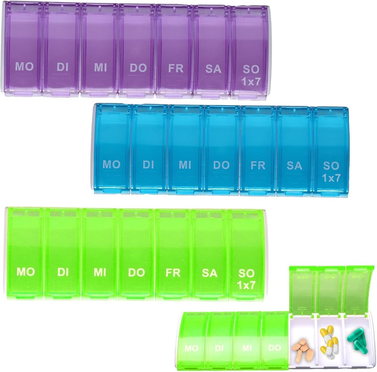 7-Daagse Pillendoos met 3 Compartimenten, Herbruikbare Medicijnopslag voor Reizen en Thuisgebruik (Blauw, Paars, Groen)
