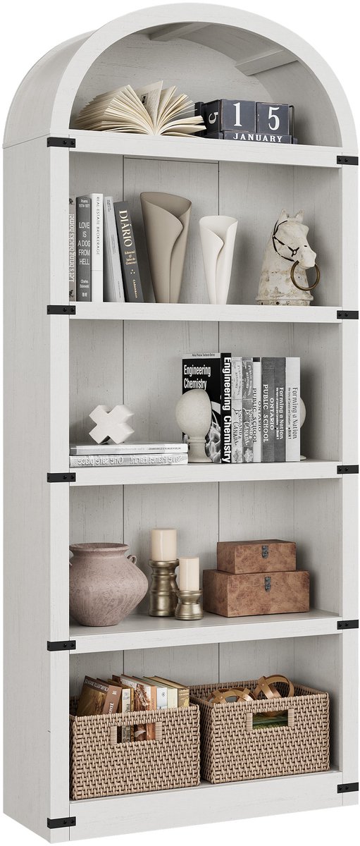 Boogvormige Boekenkast - 5 Lagen - 76x30x182cm - Open Planken - Displaykast - Vintage Opbergkast - Voor Kantoor Woonkamer - Wit