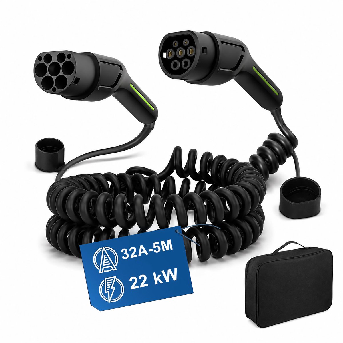 Junsun Type 2 EV Mobiele Thuislader Laadkabel - 22kW 32A 3fase Laadkabel - 5M Zwarte Spiraalkabel - Tweekoppig Typ 2 - Inclusief opbergtas - IP 65 & CEE Stekker