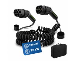 Junsun Type 2 EV Mobiele Thuislader Laadkabel - 22kW 32A 3fase Laadkabel - 5M Zwarte Spiraalkabel - Tweekoppig Typ 2 - Inclusief opbergtas - IP 65 & CEE Stekker